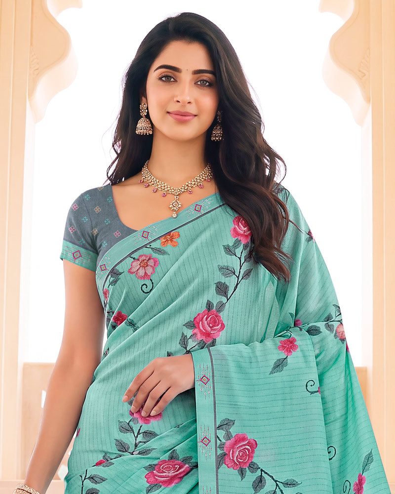 Vishal Prints Pastel Teal Green Digital Print Criva Crepe Saree With Fancy Border