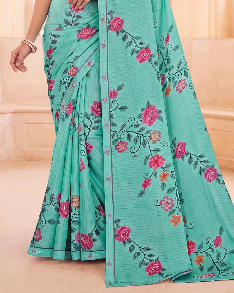 Vishal Prints Pastel Teal Green Digital Print Criva Crepe Saree With Fancy Border