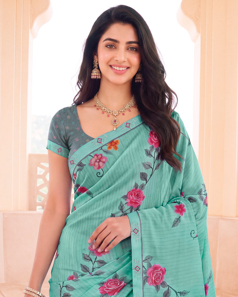 Vishal Prints Pastel Teal Green Digital Print Criva Crepe Saree With Fancy Border