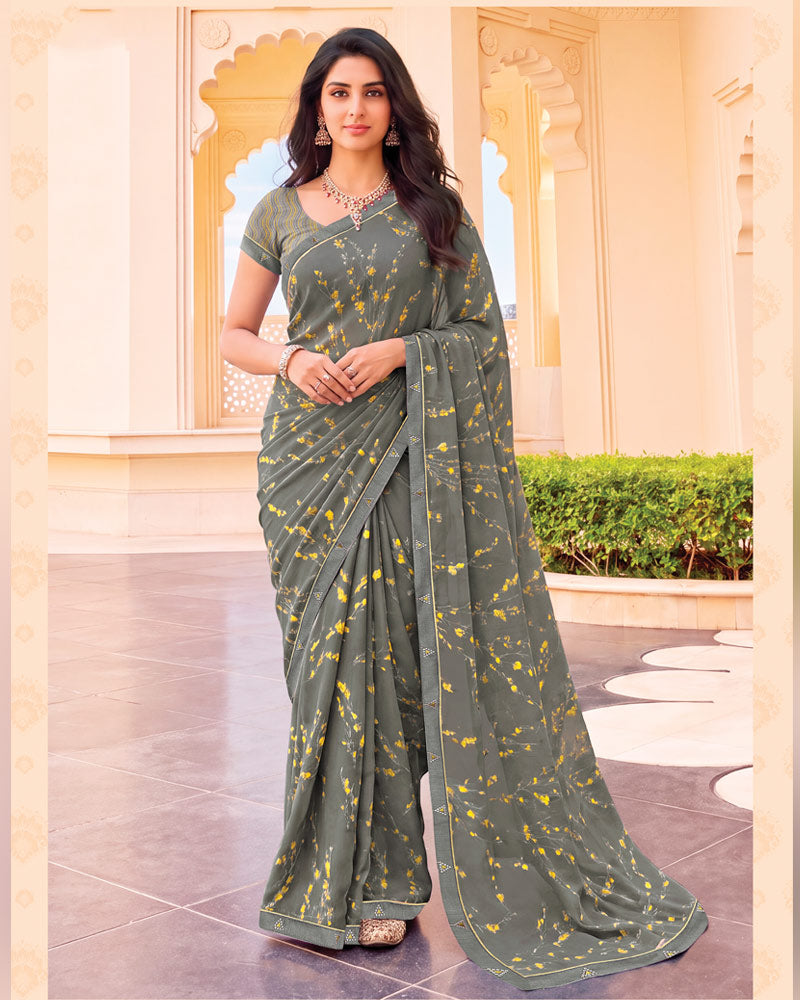 Vishal Prints Smokey Grey Digital Print Criva Crepe Saree With Fancy Border