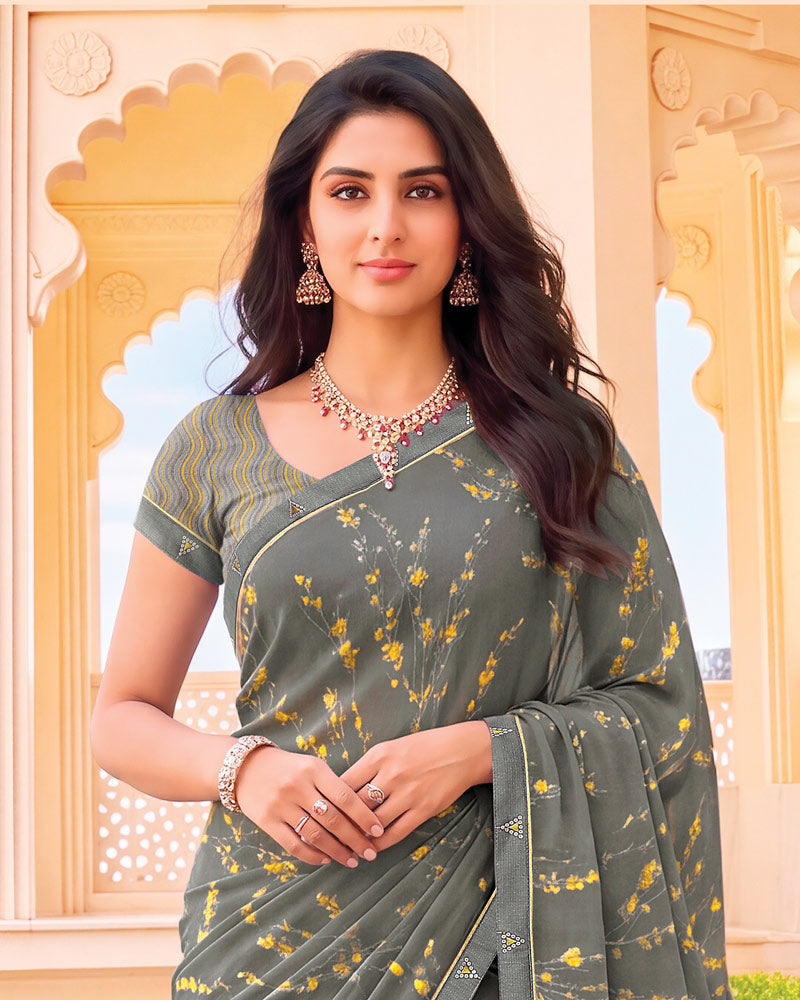 Vishal Prints Smokey Grey Digital Print Criva Crepe Saree With Fancy Border