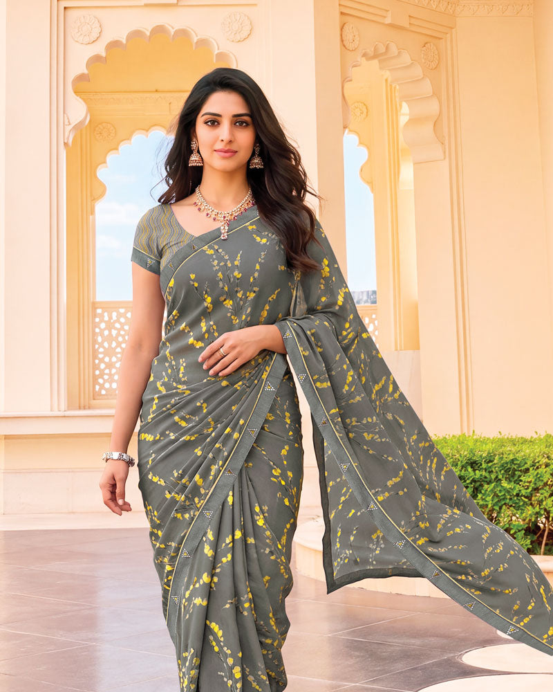 Vishal Prints Smokey Grey Digital Print Criva Crepe Saree With Fancy Border