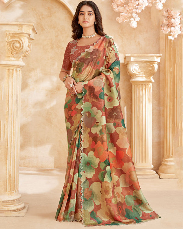 Vishal Prints Deep Coffee Brown Designer Crushed Tissue Digital Print Saree With Swarovski Work And Cut Work Border
