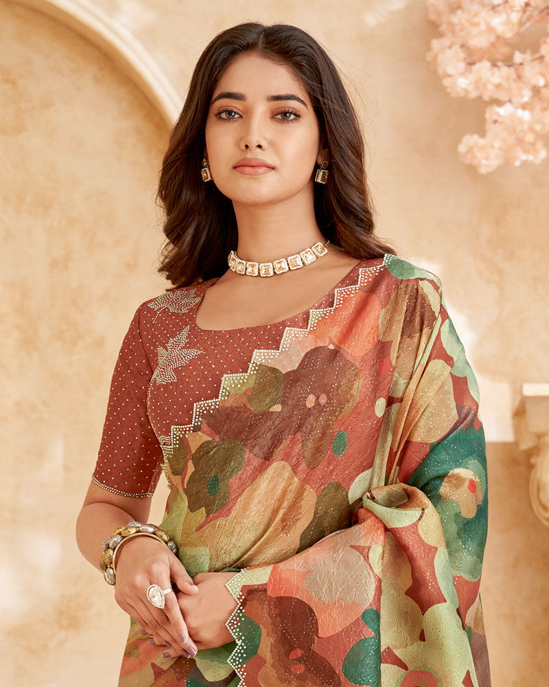 Vishal Prints Deep Coffee Brown Designer Crushed Tissue Digital Print Saree With Swarovski Work And Cut Work Border