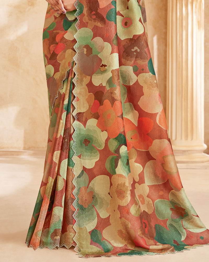 Vishal Prints Deep Coffee Brown Designer Crushed Tissue Digital Print Saree With Swarovski Work And Cut Work Border