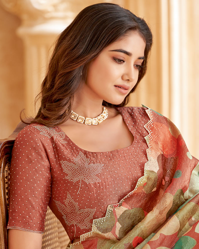 Vishal Prints Deep Coffee Brown Designer Crushed Tissue Digital Print Saree With Swarovski Work And Cut Work Border