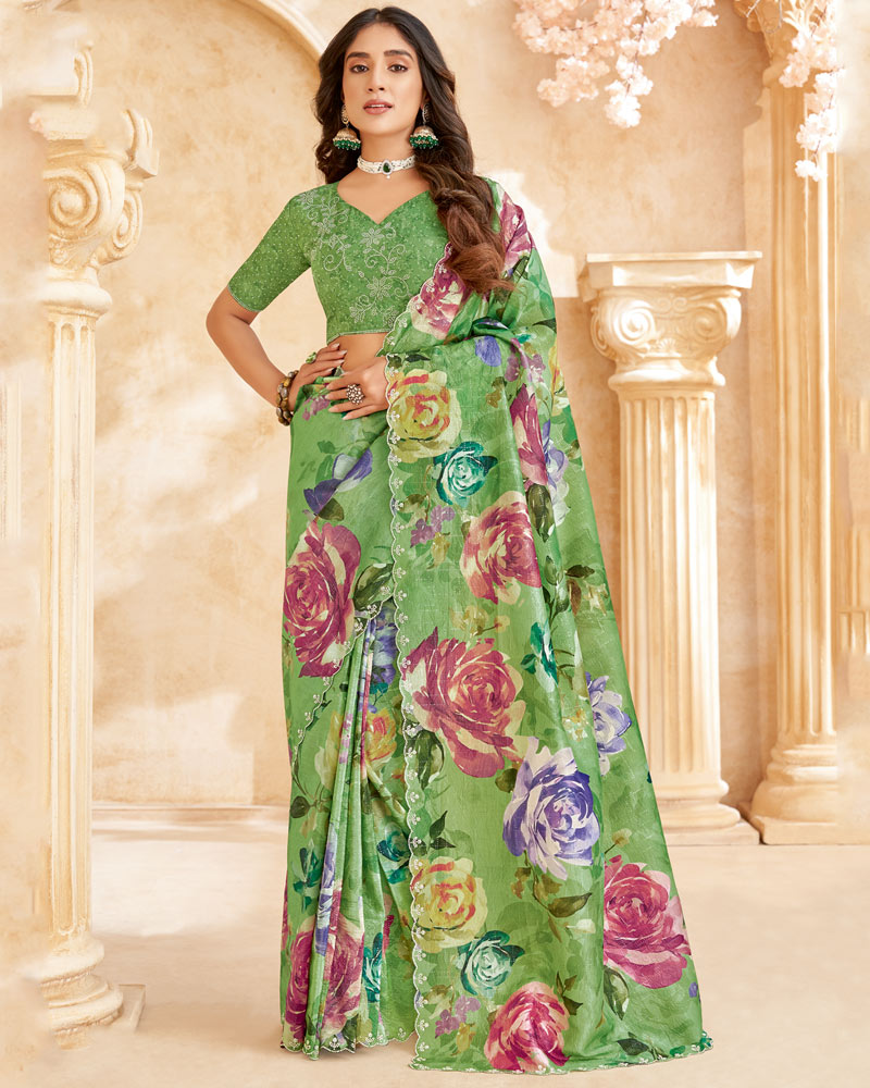 Vishal Prints Pastel Green Designer Crushed Tissue Digital Print Saree With Swarovski Work And Cut Work Border