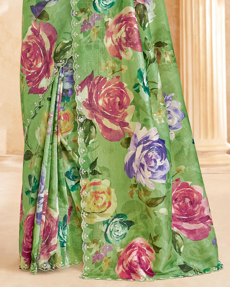 Vishal Prints Pastel Green Designer Crushed Tissue Digital Print Saree With Swarovski Work And Cut Work Border