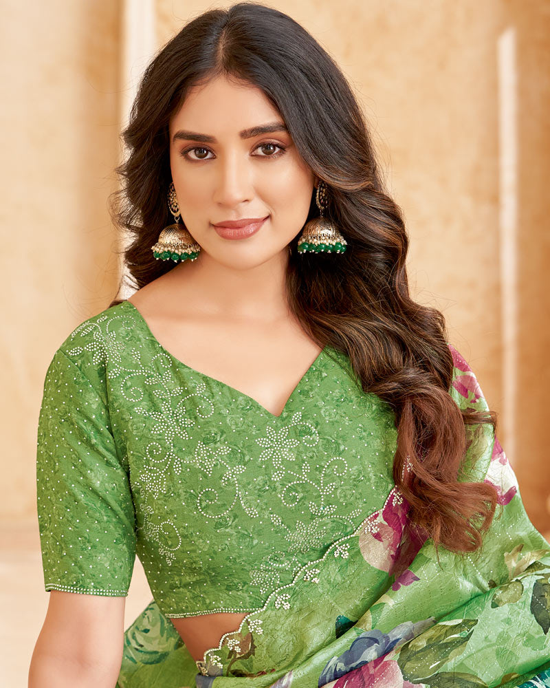 Vishal Prints Pastel Green Designer Crushed Tissue Digital Print Saree With Swarovski Work And Cut Work Border