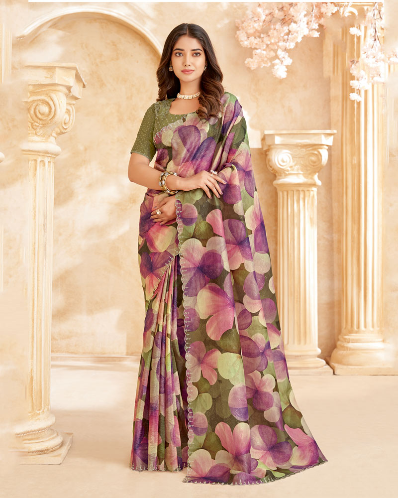 Vishal Prints Khaki Green Designer Crushed Tissue Digital Print Saree With Swarovski Work And Cut Work Border