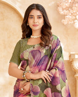 Vishal Prints Khaki Green Designer Crushed Tissue Digital Print Saree With Swarovski Work And Cut Work Border