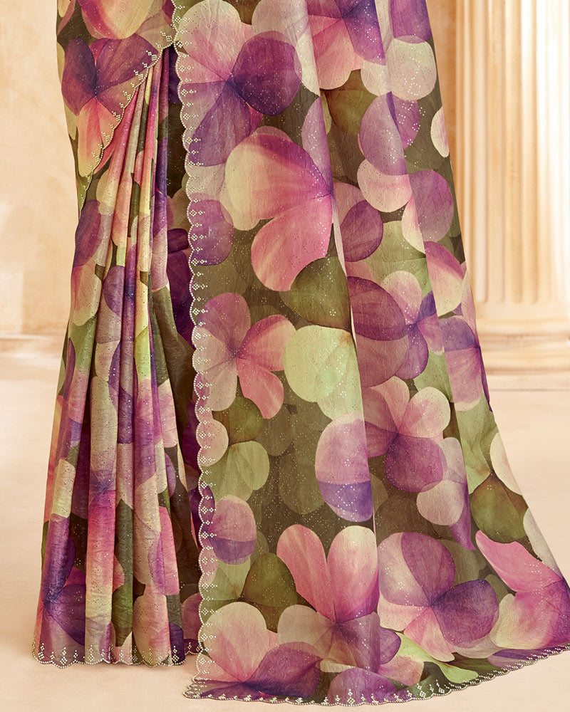 Vishal Prints Khaki Green Designer Crushed Tissue Digital Print Saree With Swarovski Work And Cut Work Border