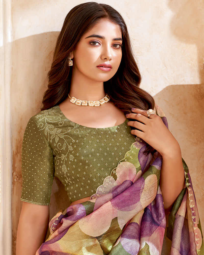Vishal Prints Khaki Green Designer Crushed Tissue Digital Print Saree With Swarovski Work And Cut Work Border
