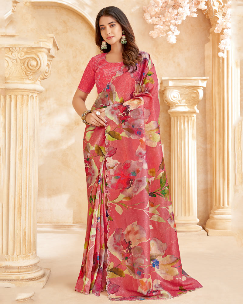Vishal Prints Coral Designer Crushed Tissue Digital Print Saree With Swarovski Work And Cut Work Border