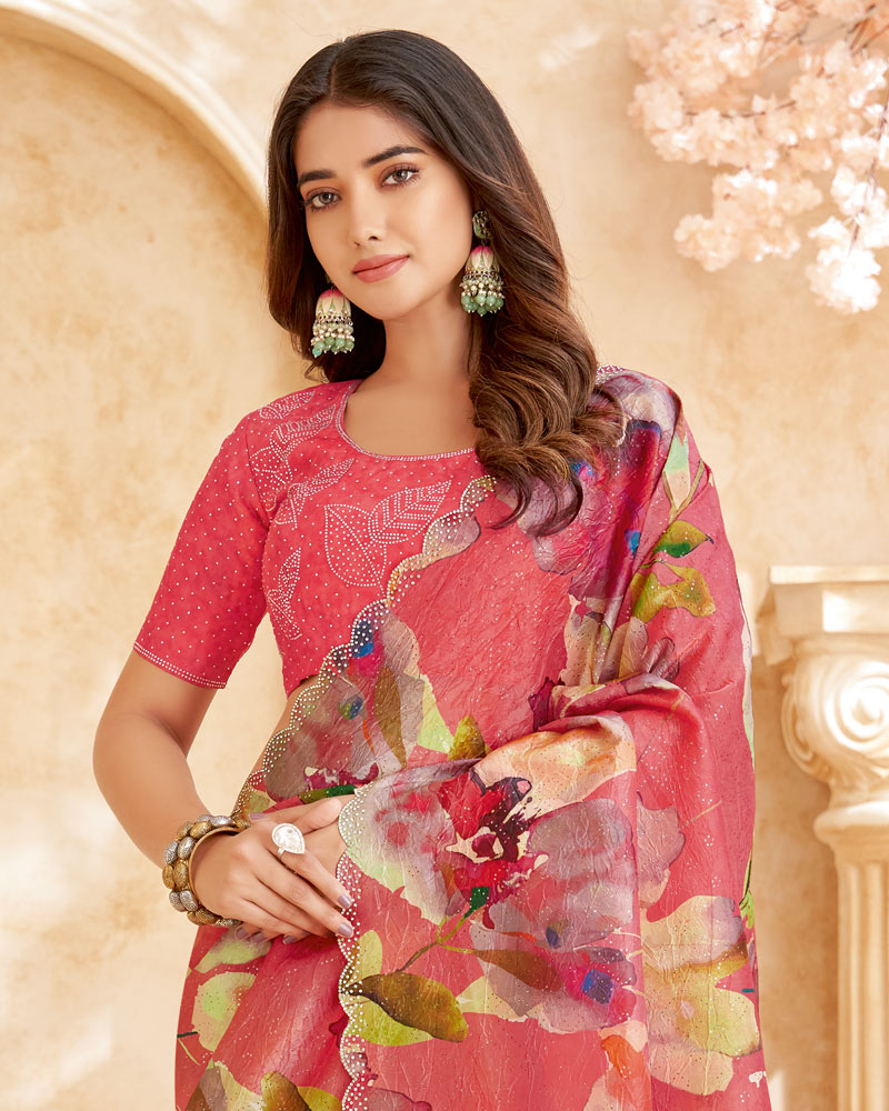 Vishal Prints Coral Designer Crushed Tissue Digital Print Saree With Swarovski Work And Cut Work Border