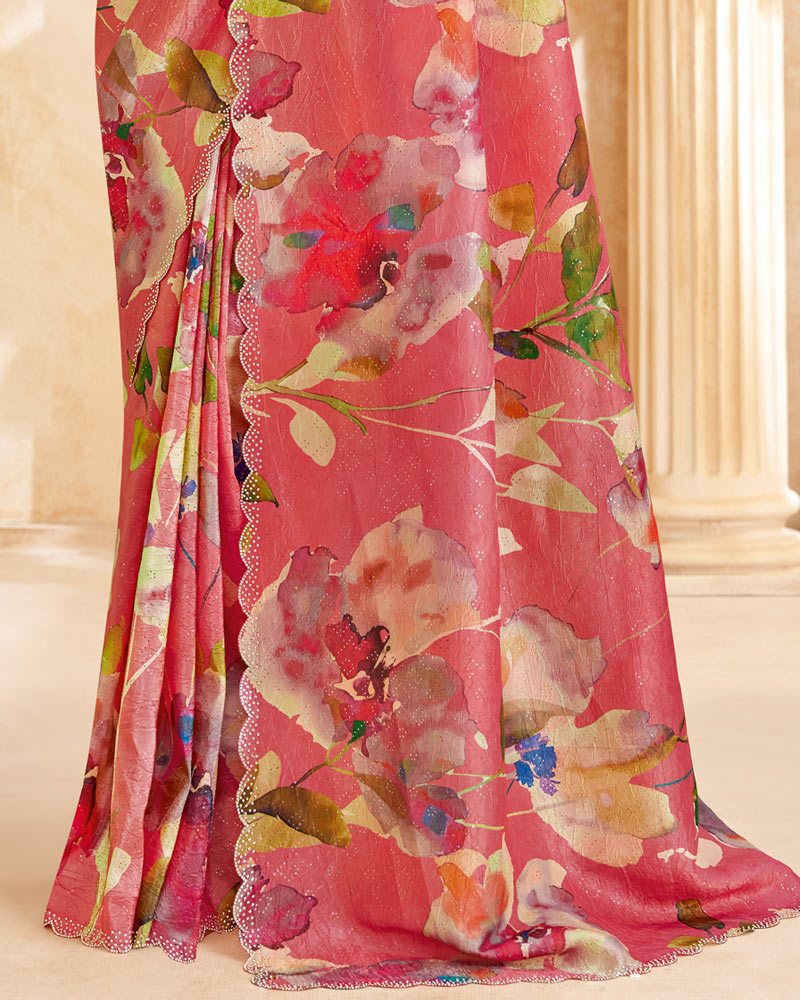 Vishal Prints Coral Designer Crushed Tissue Digital Print Saree With Swarovski Work And Cut Work Border