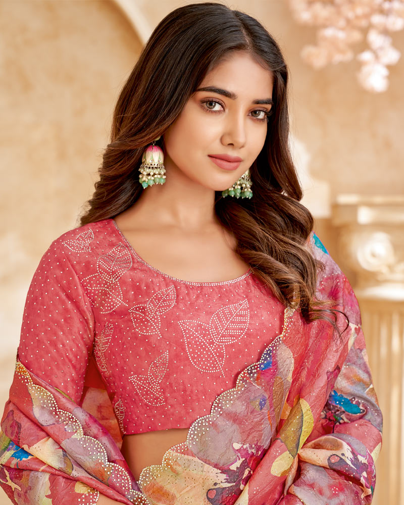 Vishal Prints Coral Designer Crushed Tissue Digital Print Saree With Swarovski Work And Cut Work Border