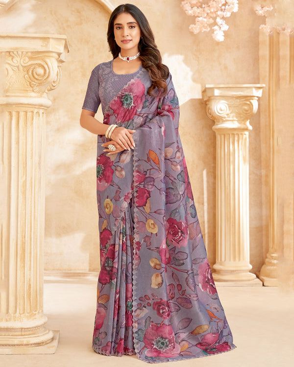 Vishal Prints Dusty Lavender Designer Crushed Tissue Digital Print Saree With Swarovski Work And Cut Work Border