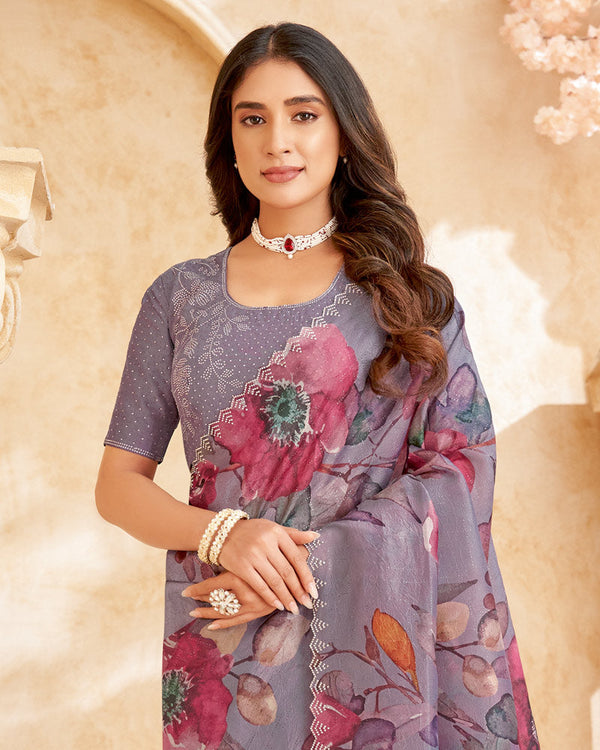 Vishal Prints Dusty Lavender Designer Crushed Tissue Digital Print Saree With Swarovski Work And Cut Work Border
