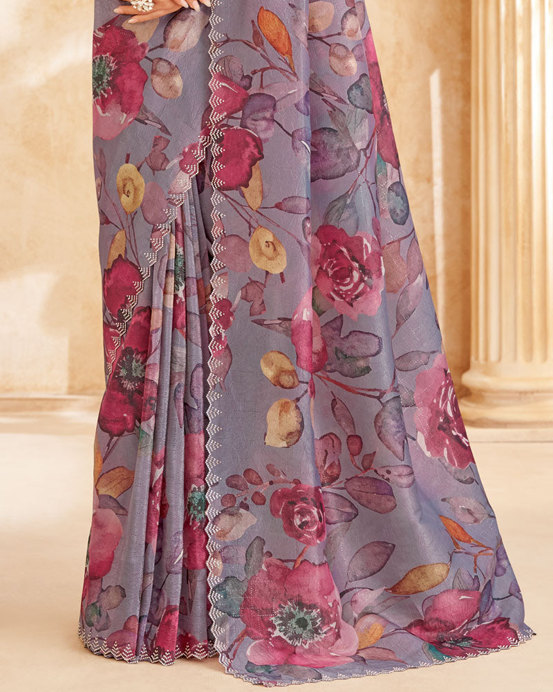 Vishal Prints Dusty Lavender Designer Crushed Tissue Digital Print Saree With Swarovski Work And Cut Work Border