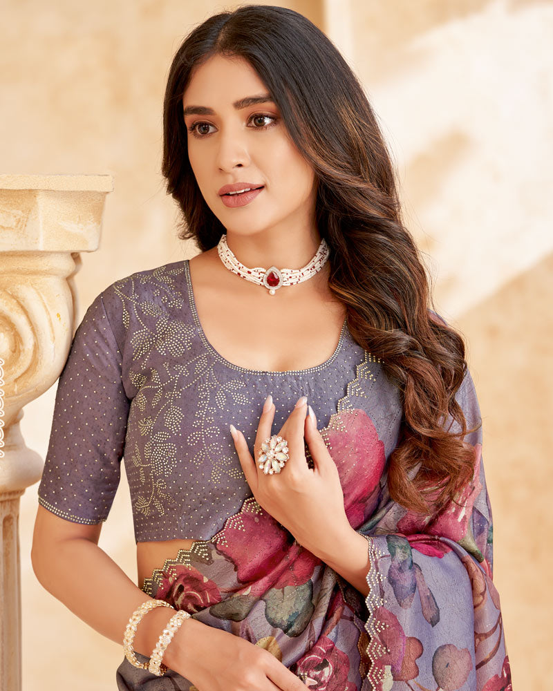 Vishal Prints Dusty Lavender Designer Crushed Tissue Digital Print Saree With Swarovski Work And Cut Work Border