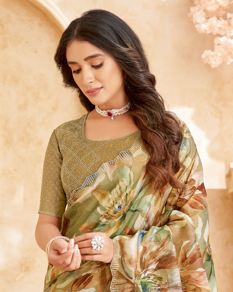 Vishal Prints Dark Beige Designer Crushed Tissue Digital Print Saree With Swarovski Work And Cut Work Border