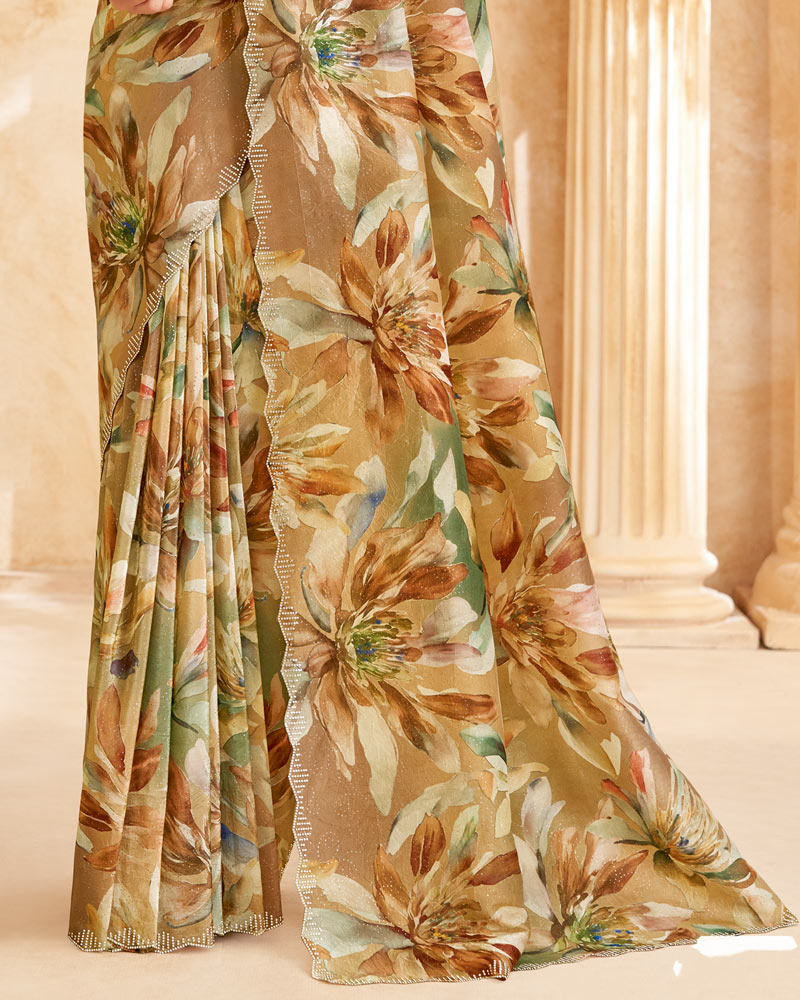 Vishal Prints Dark Beige Designer Crushed Tissue Digital Print Saree With Swarovski Work And Cut Work Border