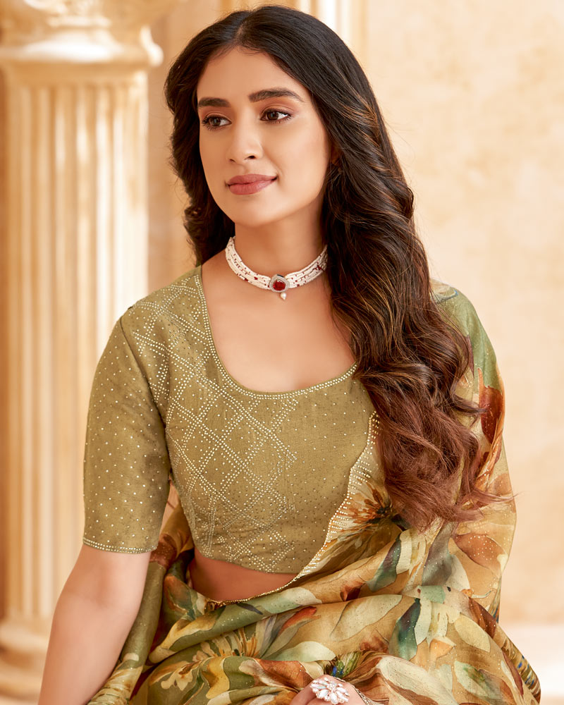 Vishal Prints Dark Beige Designer Crushed Tissue Digital Print Saree With Swarovski Work And Cut Work Border