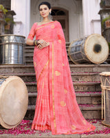 Vishal Prints Pastel Red Printed Georgette Saree With Foil Print And Border