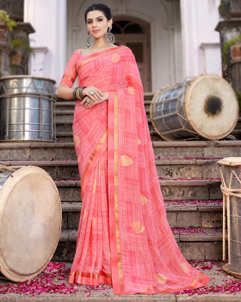 Vishal Prints Pastel Red Printed Georgette Saree With Foil Print And Border
