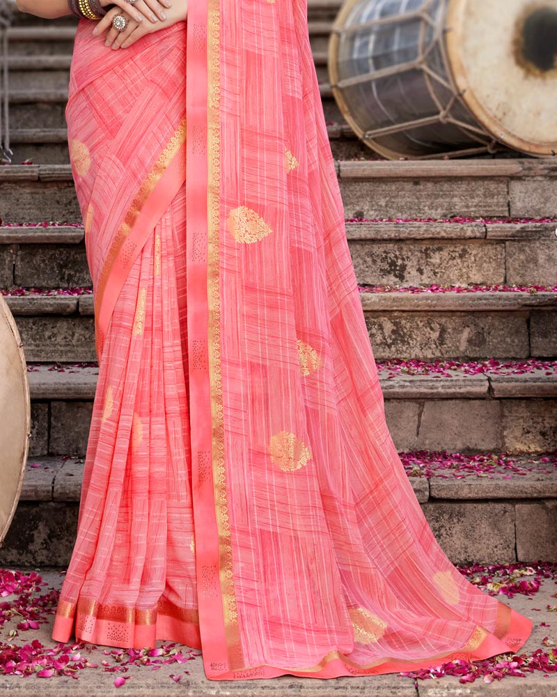 Vishal Prints Pastel Red Printed Georgette Saree With Foil Print And Border