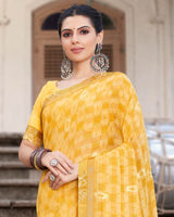 Vishal Prints Light Mustard Printed Georgette Saree With Foil Print And Border