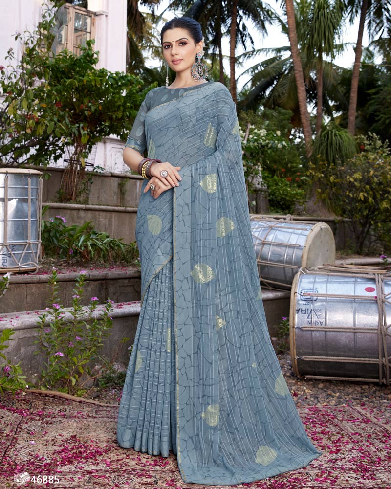 Vishal Prints Grey Printed Georgette Saree With Foil Print And Border