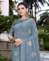 Vishal Prints Grey Printed Georgette Saree With Foil Print And Border