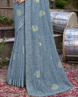 Vishal Prints Grey Printed Georgette Saree With Foil Print And Border