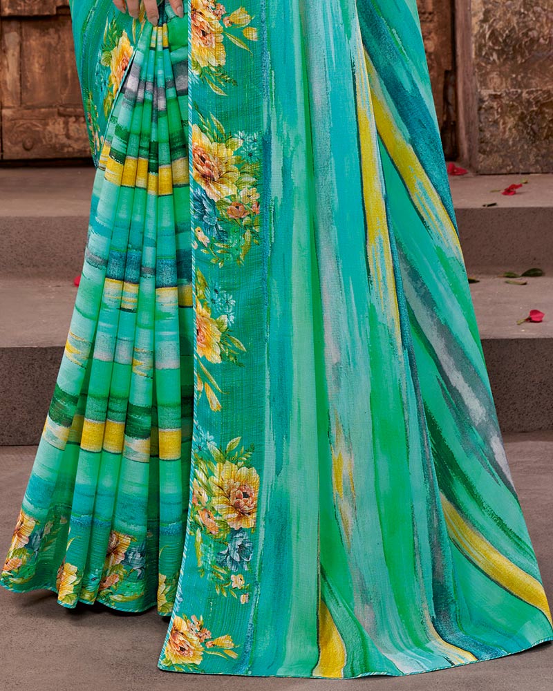 Vishal Prints Aqua Green Fancy Chiffon Digital Print Saree With Core Piping