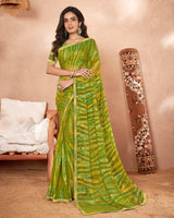 Vishal Prints Mehandi Green Printed Chiffon Brasso Saree With Foil Print And Border