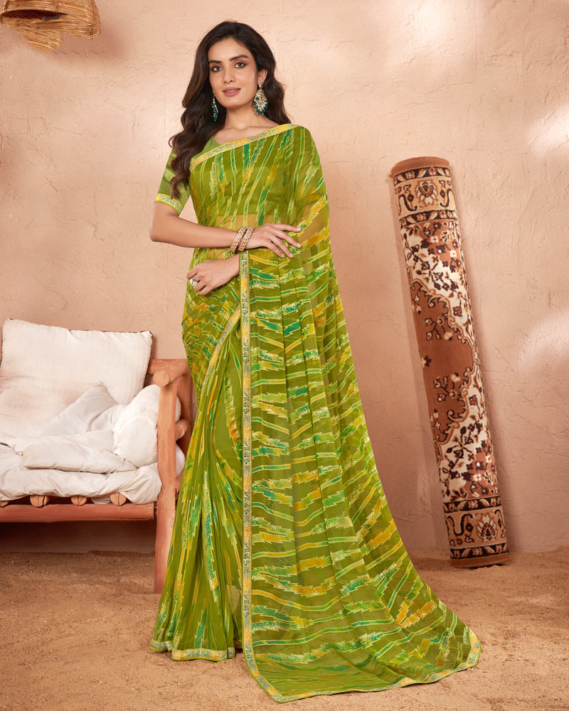 Vishal Prints Mehandi Green Printed Chiffon Brasso Saree With Foil Print And Border