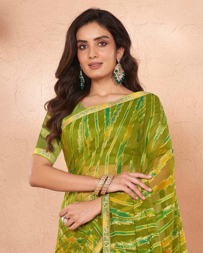 Vishal Prints Mehandi Green Printed Chiffon Brasso Saree With Foil Print And Border