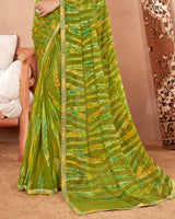 Vishal Prints Mehandi Green Printed Chiffon Brasso Saree With Foil Print And Border
