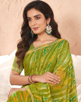 Vishal Prints Mehandi Green Printed Chiffon Brasso Saree With Foil Print And Border