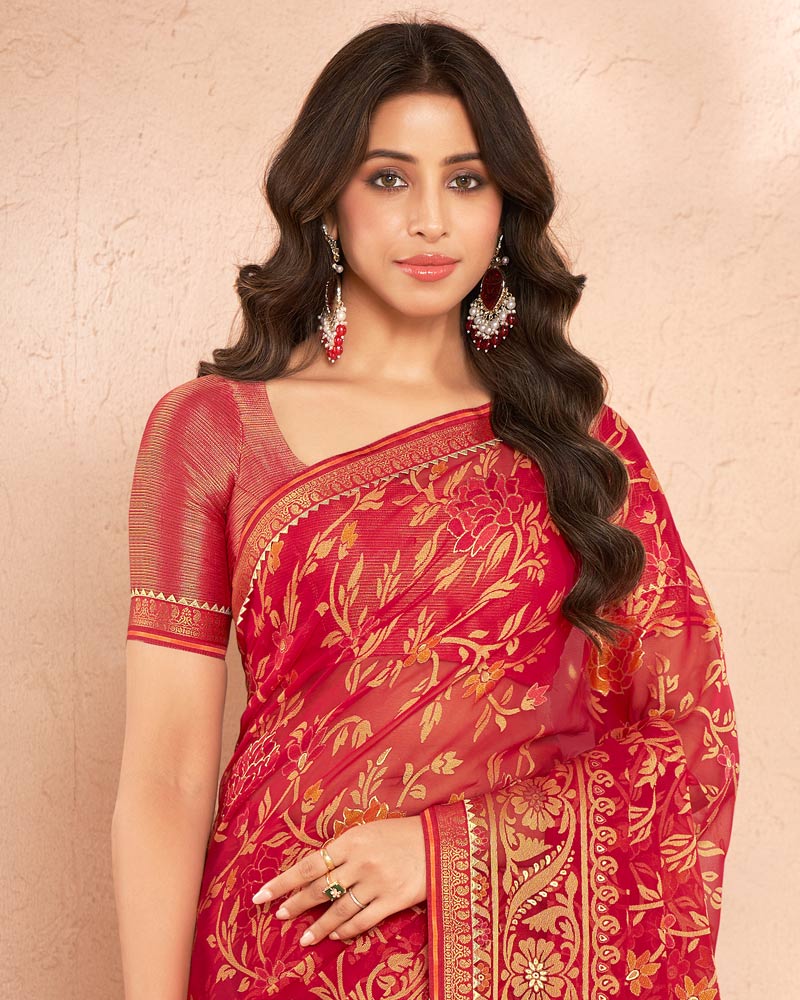 Vishal Prints Cherry Red Printed Chiffon Brasso Saree With Foil Print And Border