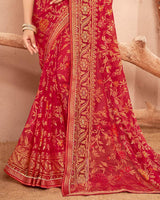 Vishal Prints Cherry Red Printed Chiffon Brasso Saree With Foil Print And Border