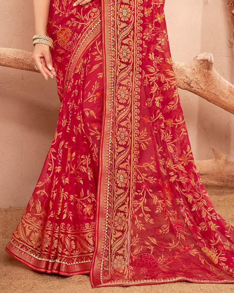 Vishal Prints Cherry Red Printed Chiffon Brasso Saree With Foil Print And Border
