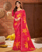 Vishal Prints Red Pink Printed Chiffon Saree With Border