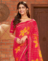 Vishal Prints Red Pink Printed Chiffon Saree With Border