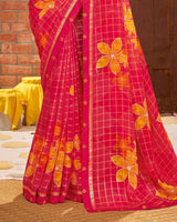 Vishal Prints Red Pink Printed Chiffon Saree With Border