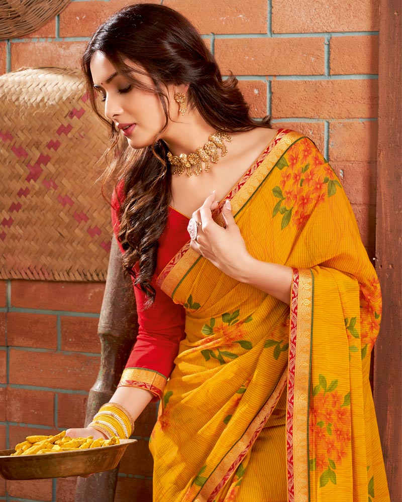 Vishal Prints Saffron Color Printed Chiffon Saree With Border