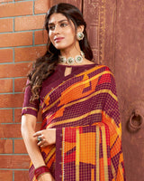 Vishal Prints Wine Printed Chiffon Saree With Border