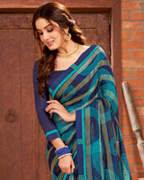 Vishal Prints Ink Blue Printed Chiffon Saree With Border